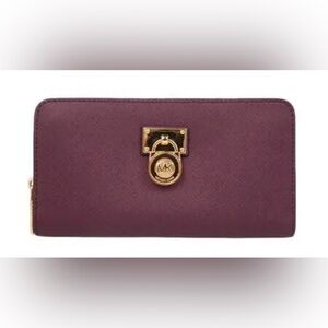 Michael Kors Hamilton Traveler Lg Zip Around Wallet Saffiano Leather Plum w Gold